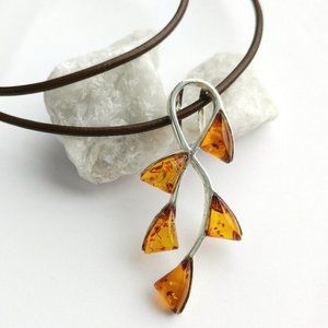 New, sterling silver amber branch pendant necklace